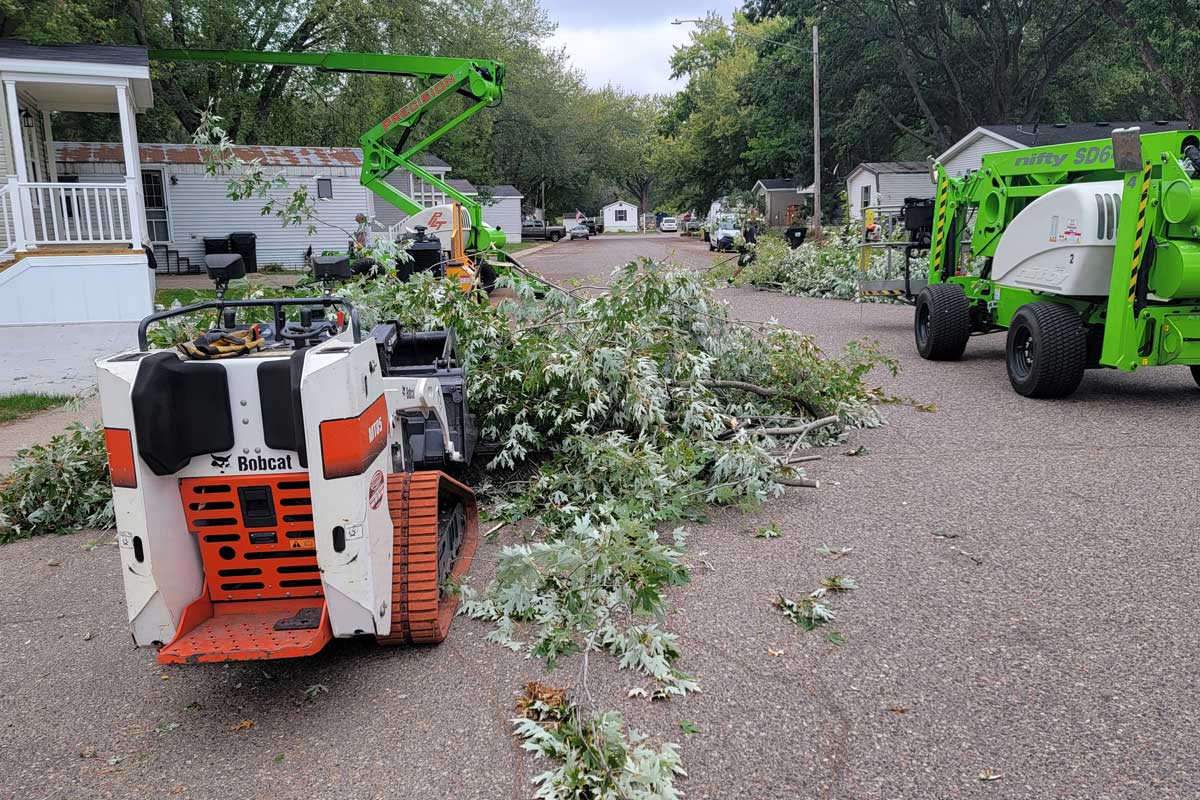 Bobcat and lift clearing fallen tree branches